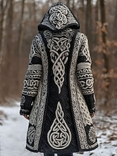 billiga Viking-toppar-Dam Kofta Dagligen Ledigt Grafisk Geometrisk Ribbad Huva Lappverk Ficka Knappar Långärmad Långa toppar Sticka Utomhus Helgen Svart Höst Vinter