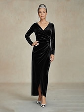 economico Abiti da festa-Per donna Abito Midi Abito a Portafoglio Elegante Festa serale Ospite di nozze Asimmetrico Taglia piccola Tinta unica Manica 3/4 Scollo a V Nero