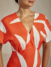 abordables vestido casual-Vestido largo de satén con estampado abstracto para mujer, manga dolman, escote en V, cintura anudada, elegante, informal, para vacaciones, primavera, verano y otoño.