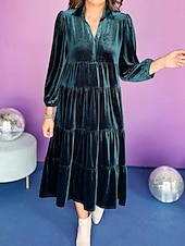 abordables Robe de cocktail-Femmes Robe Midi Robe en Velours Robe de Soirée Robe de Cocktail Élégant Mode Moderne Soirée Coupe régulière Uni manche longue Col de chemise Noir Jaune Vert foncé Bleu de minuit Automne Hiver