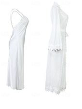 お買い得  レディース パジャマトップス＆ボトムス-女性用 ローブ あたたか ファッション カジュアル ピュアカラー サテンシルキーパジャマ レース ドレス 家 ベッドサイド 長袖 クルーネック ホワイト 夏 春 レギュラー