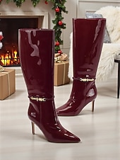 levne Módní boty-Dámské vínové lakované kozačky z imitace kůže se zlatou přezkou, špičatou špičkou a stylovým jehlovým podpatkem, ideální na Vánoce, vánoční večírky a slavnostní příležitosti.