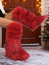 ieftine Cizme de zăpadă și iarnă-cizme până la genunchi din blană artificială pentru femei – imprimeu alb-negru, încălțăminte de iarnă confortabilă pentru vreme rece și stil de sărbătoare la modă