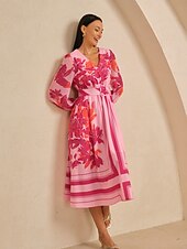 Długa sukienka damska z tkaniny wiskozowej z dekoltem w serek, elastycznym pasem, marszczeniem, odpinanym paskiem, prześwitującym szyfonem, rękawami z panelami, różowo-czerwonym wzorem kwiatowym, tanie sukienka na co dzień-Długa sukienka damska z tkaniny wiskozowej z dekoltem w serek, elastycznym pasem, marszczeniem, odpinanym paskiem, prześwitującym szyfonem, rękawami z panelami, różowo-czerwonym wzorem kwiatowym,