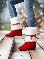 economico Stivali alla moda-stivali da donna con zeppa foderati in pelliccia rossa e fiocco - comodi stivali invernali per feste, Natale, uscite informali e abbigliamento per il freddo