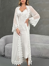 お買い得  レディース パジャマトップス＆ボトムス-女性用 ローブ あたたか ファッション カジュアル ピュアカラー サテンシルキーパジャマ レース ドレス 家 ベッドサイド 長袖 クルーネック ホワイト 夏 春 レギュラー