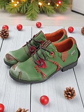 preiswerte Damenschnürschuhe-Grüne Oxford-Schnürschuhe aus Leder für Damen mit roten Nähten, handgefertigte Retro-Freizeitschuhe für Damen, perfekt für Weihnachtsoutfits und den Alltag im Herbst