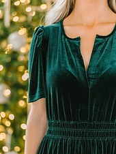 olcso Buliruhák-Női Midi ruha Karácsonyi ruha Bársony ruha Party ruha Koktélruha Elegáns Modern Parti Születésnap Estély Normál Sima Rövid ujjú V-alakú Bor Katonai zöld Sötétkék Sötétzöld Tavasz Ősz