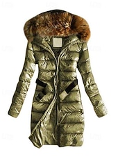 cheap Down Jackets-Women's Winter Coat Down Jacket Hoodie Jacket Warm Comfortable Zipper Pocket Fur Collar Casual Plain Vacation Daily Wear Going out Weekend Long Hooded Regular Fit Long Sleeve Outerwear Black Blue
