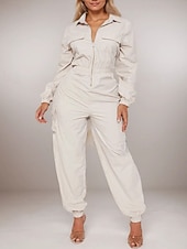 זול סרבל חופשה-בגדי ריקוד נשים סרבלים פעיל צבע אחיד שרוול ארוך מכנסי קרגו צווארון חולצה רוכסן כיס חופשה יומי רגיל שחור משמש אביב