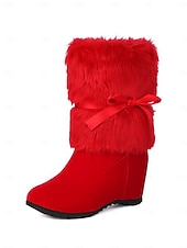 economico Stivali alla moda-stivali da donna con zeppa foderati in pelliccia rossa e fiocco - comodi stivali invernali per feste, Natale, uscite informali e abbigliamento per il freddo