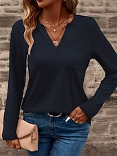 ieftine tricou simplu-Pentru femei Topuri imbracate Buzunar Culoare solidă Simplu Elegant femei Stilat Manșon Lung În V Topuri obișnuite Zilnic Muncă Ieșire Negru Alb Roz Îmbujorat Trifoi Kaki Toamnă Iarnă