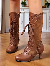 cheap 1920s-Women&#039;s Black Victorian Edwardian Style Knee High Lace-Up Boots with Scalloped Trim and Kitten Heel - 1920s Retro Gothic Dress Boots for Ladies, Perfect for Cosplay, Steampunk &amp; Historical Reenactment