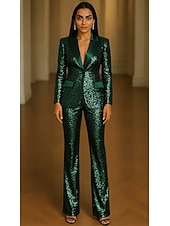 Недорогие Женские костюмы-Жен. Женский Костюмы-2 Официальные Свадебный гость Пайетки Элегантный стиль Винтаж Простой Длинный рукав В пол Лацкан с острым углом Пик отворот Однобортный крой