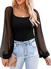 abordables Blusas Sencillas-Mujer Blusa Tops elegantes Tops de gasa Tops ajustados Frunce Retazos Sayo A Lunares Plano Elegante Vintage Fiesta Manga Larga Manga de la linterna Escote Cuadrado Tops cortos Diario Trabajo Festivos