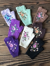 levne Dámské rukavice-Dámské vánoční vyšívané rukavice – květinový vzor se včelami, materiál bavlněná příze, dostupné v několika barvách, ideální pro zimní svátky a slavnostní příležitosti