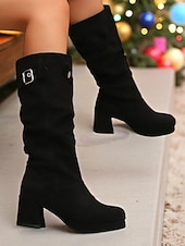 cheap Fashion Boots-Women's Red Suede Slouch Boots with Buckle Detail, Chunky Block Heel, Stylish and Comfortable, Perfect for Winter, Christmas and Casual Occasions