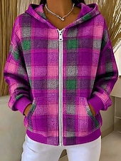economico Felpe a Strisce e Geometriche-Per donna Felpe con cappuccio Patchwork Cerniera Tasca Grafico Plaid Moda Casual Manica Lunga Con Cappuccio Top Regolari Streetwear Abbigliamento Quotidiano Blu Giallo Viola Marrone Verde Autunno