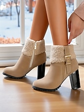 رخيصةأون أحذية الموضة-حذاء نسائي بكعب من الجلد المدبوغ باللون الأخضر مع أطراف من الفرو الصناعي، كعب سميك عصري، مثالي لقضاء العطلات الشتوية وحفلات الكريسماس والمناسبات الاحتفالية