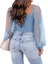 abordables Blusas Sencillas-Mujer Blusa Tops elegantes Tops de gasa Tops ajustados Frunce Retazos Sayo A Lunares Plano Elegante Vintage Fiesta Manga Larga Manga de la linterna Escote Cuadrado Tops cortos Diario Trabajo Festivos
