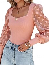 economico T-shirt semplice-Per donna Blusa Semplice Casual Manica Lunga Collo quadrato Top Regolari Quotidiano Ferie Patchwork Rete Nero Bianco Rosa Autunno Inverno