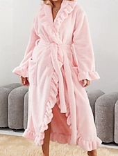 cheap Women's Onesies-Women's Pajamas Robe Flannel Warm Fashion Pure Color Ruffle Pocket Home Daily Bed Long Sleeve Crew Neck Black White Pink Red Purple Fall Winter Regular Fit