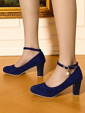 billiga 50-tals retro-Gula dampumps i mocka med blockklack, ankelrem och pärlberlock - eleganta vintage-retro klänningsskor från 1950-talet för bröllop och cocktailpartyn &amp;aftonkläder