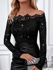 voordelige Kant Tops-Dames Blouse Kanten rand Effen Kleur Elegant Stijlvol Basic Lange mouw Schouderafhangend Normale tops Dagelijks Zwart Lente Herfst Winter