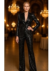 baratos Fatos Femininos-Black Women's Blazer Two Piece Formal Wedding Guest Sequin Elegant Tuxedo Long Sleeve Slim Peak Single Breasted