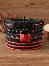 levne Pánské šperky-Pánská sada náramků z umělé kůže, červeno-černé tkané náramky s detaily zlého oka a korálků, stylové na Vánoce, různé vzory