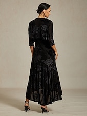  Mulheres encolhe os ombros Floral Elegante Vintage Manga 3/4 Decote V Festa de Noite Convidado do casamento Traje de festa para noite Preto Outono Inverno