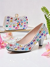 preiswerte Klassische Pumps-Damen-Set aus Strass-Pumps und Clutch mit mehrfarbigen Kristallverzierungen – elegante passende Schuhe und Handtasche für formelle Anlässe und Cocktailpartys