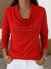 economico T-shirt semplice-Per donna Camicia Glitter Rete Elegante Essenziale Casual Manica Lunga Scollo a Cascata Top Regolari Blu Nero Giallo Rosso Viola Primavera, Autunno, Inverno, Estate