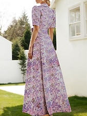 baratos Vestidos de Festa em A-Linha A Longo Vestidos de noite Vestido de Baile Vestido formal Elegante Vintage Manga Curta Colarinho de Camisa Casamento Formal Fibra Sintética com Estampa floral Fenda Bolsos