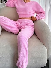 tanie Doły i topy do spania dla kobiet-Damskie Piżama Odzież domowa Zestawy piżamowe Flanela Ciepłe Moda Czyste kolory Elastyczny pas Nogawka Dom Codzienny Długi rękaw W serek Rumiany róż Jesień Zima Regularny