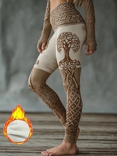 halpa Viikinki painatus-Naisten Viking Boho Leggingsit Mukavat Leggingsit Lomalle Vintage Muoti Kokopitkä Korkea Vyötärö Graafinen Geometrinen Kuvio Tulostus FleecVuorattu Lämpöeristys Lämmin Mukava Joustava Lomalle Katu
