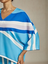  Dames satijnen V-hals losse pasvorm dolman mouwen blauwe geometrische print pullover top