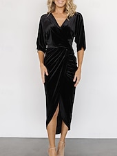 Damen Midikleid Samtkleid Partykleid Cocktailkleid Mode Modern Party Abendgesellschaft Normale Passform Einfach Halbarm V Ausschnitt Schwarz Wein Dunkelgrün Kamel Herbst Winter preiswerte abendkleider-Damen Midikleid Samtkleid Partykleid Cocktailkleid Mode Modern Party Abendgesellschaft Normale Passform Einfach Halbarm V Ausschnitt Schwarz Wein Dunkelgrün Kamel Herbst Winter