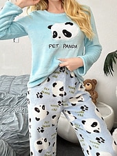 cheap Women&#039;s Sleep Tops &amp; Bottoms-Women&#039;s Pajamas Loungewear Pajama Set Flannel Warm Fashion Panda Elastic Waist Pant Home Daily Long Sleeve Crew Neck White Pink Light Blue Fall Winter Loose Fit