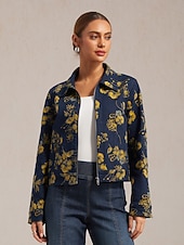  Jeansjacke mit Blumenmuster, lässig, für Urlaub und Alltag, mit Reißverschluss