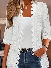 abordables Tops de Encaje-Mujer Camisa de encaje Blusa Tops elegantes Ribete de encaje Plano Elegante damas Clásico Media Manga Tops regulares Diario Trabajo Festivos Blanco Verano Primavera