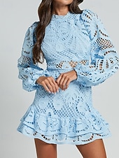 preiswerte schwarzes Minikleid-Damen Minikleid Spitzenkleid schwarzes kleid Cut-out-Kleider Etui-Kleid Mode Modern Mesh-Ärmel Laternenärmel Büro Ausgehen Normale Passform Blumen Langarm Stehkragen Blau Schwarz Weiß Rosa Frühling