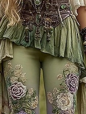 preiswerte -Damen Leggings Gemütliche Leggings Mode Streetwear Ethno-Stil Volle Länge Hohe Taille Blumen Grafik Drucken Fleece Thermowarm Bequem Hohe Elastizität Urlaub Straße Ferien Grün Herbst Winter Schmale