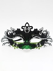 preiswerte Maskerade-Zubehör-Grüne Maskenmaske für Damen mit schwarzer Spitze und Strass-Details für Weihnachtsfeier, Ball &amp;Karneval