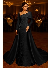cheap Ball Gown Evening Dresses-A-Line Floor Length Beaded Eembroidered Formal Dresses Mother of the Bride Dress Evening Gown Ball Gown with Overskirt Formal Dress Elegant Silky Long Sleeve Shirt Collar Wedding Formal Satin Sequined