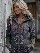 economico Top Viking-Per donna Felpe con cappuccio Cerniera Tasca Stampato Grafico Plaid Moda Casual Manica Lunga Con Cappuccio Top Regolari Streetwear Abbigliamento Quotidiano Arancione Marrone Verde Primavera Autunno