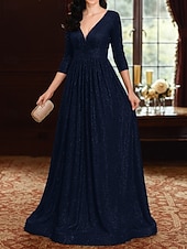 お買い得  床の長さ-Ａライン フロア丈 ウェディングゲストドレス フォーマルドレス イブニングガウン マダムドS 七分袖 Ｖネック エレガント パーティー 豪華 祝日 カクテルパーティー フォーマルイブニング チュール 〜と プリーツ スパンコール