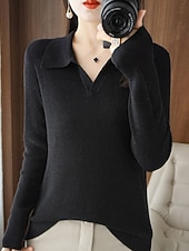 olcso Szilárd színek-Női Pulóver Elegáns Napi Stílusos Polo gallér Kötött Hosszú ujj Normál felsők Kötött Napi Hétvége Fekete Fehér Tavasz Ősz