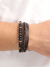 cheap Men&#039;s Jewelry-Men&#039;s Alloy Faux Leather Beaded Bracelet Set, Multi-Layer Braided Wristband with Magnetic Clasp, Fashion Punk Jewelry for Casual, Party &amp; Gift