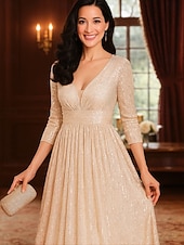 お買い得  床の長さ-Ａライン フロア丈 ウェディングゲストドレス フォーマルドレス イブニングガウン マダムドS 七分袖 Ｖネック エレガント パーティー 豪華 祝日 カクテルパーティー フォーマルイブニング チュール 〜と プリーツ スパンコール